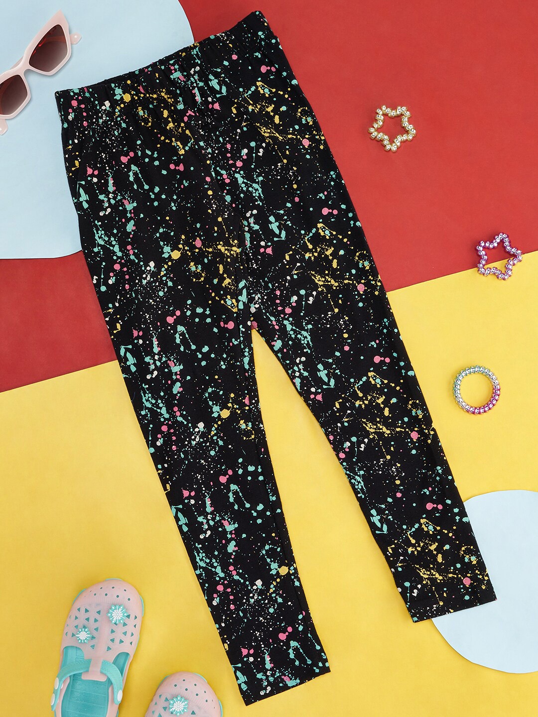 

Pantaloons Junior Girls Abstract Printed Cotton Ankle Length Leggings, Black