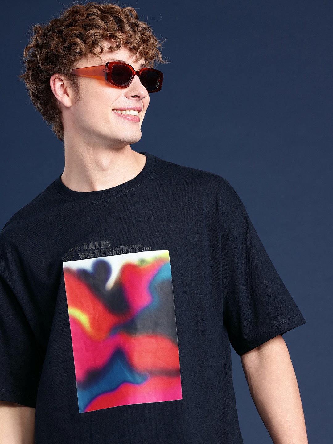 

Mast & Harbour Pure Cotton Graphic Printed Drop-Shoulder Sleeves Oversized T-shirt, Navy blue