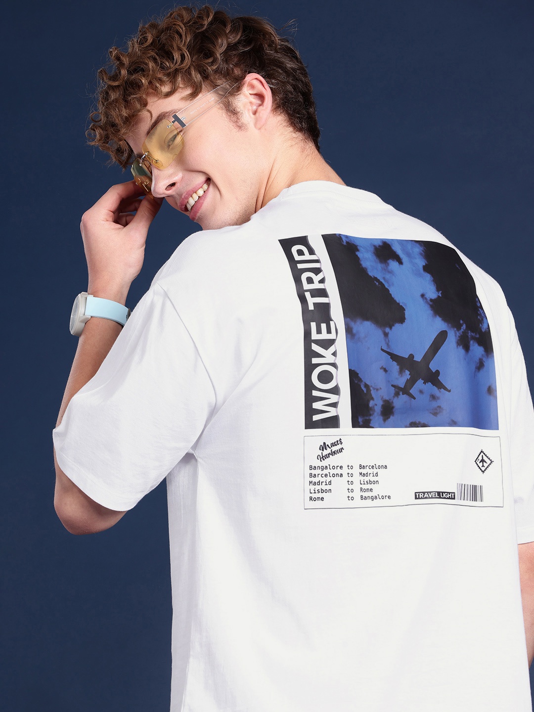 

Mast & Harbour Pure Cotton Graphic Printed Drop-Shoulder Sleeves Oversized T-shirt, White