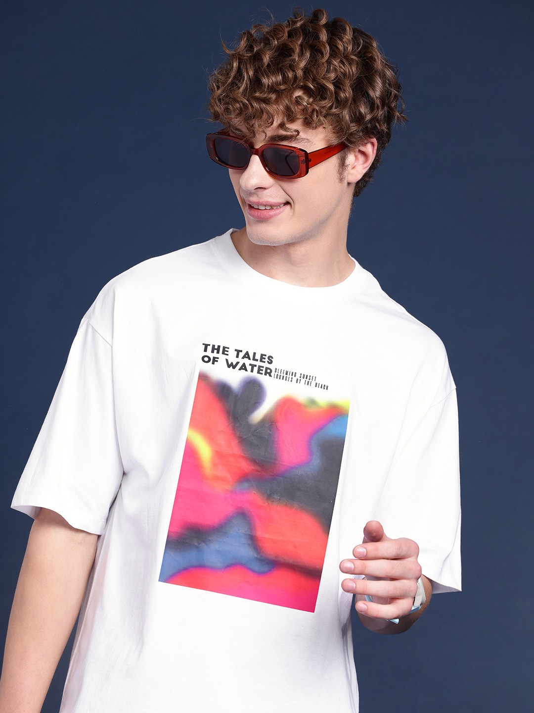 

Mast & Harbour Pure Cotton Graphic Printed Drop-Shoulder Sleeves Oversized T-shirt, White
