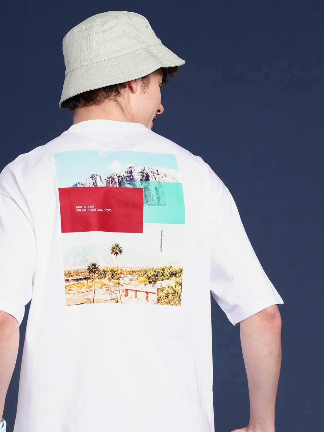 

Mast & Harbour Pure Cotton Graphic Printed Drop-Shoulder Sleeves Oversized T-shirt, White