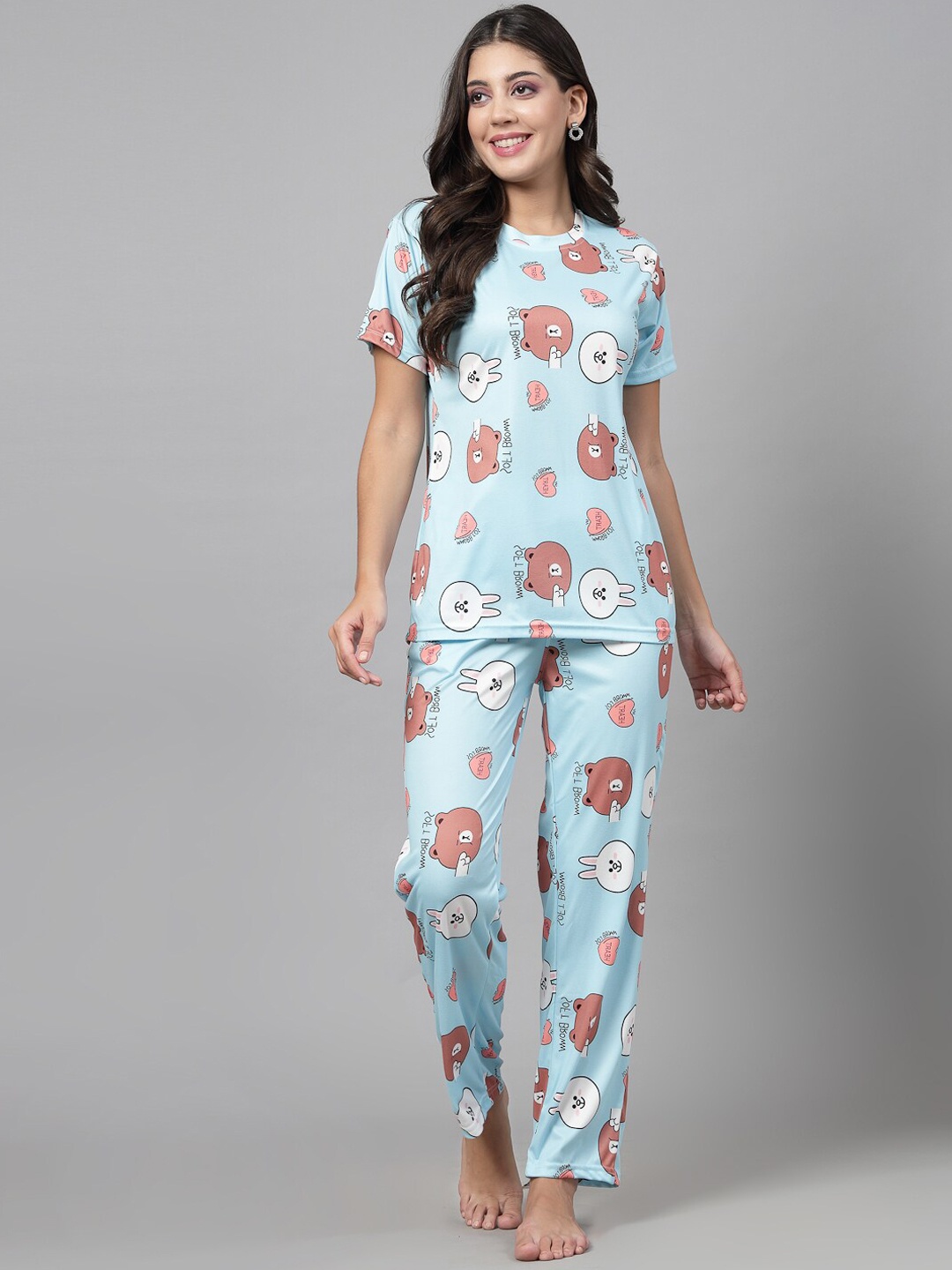 

KALINI Graphic Printed Pure Cotton T-Shirt With Pyjama, Blue