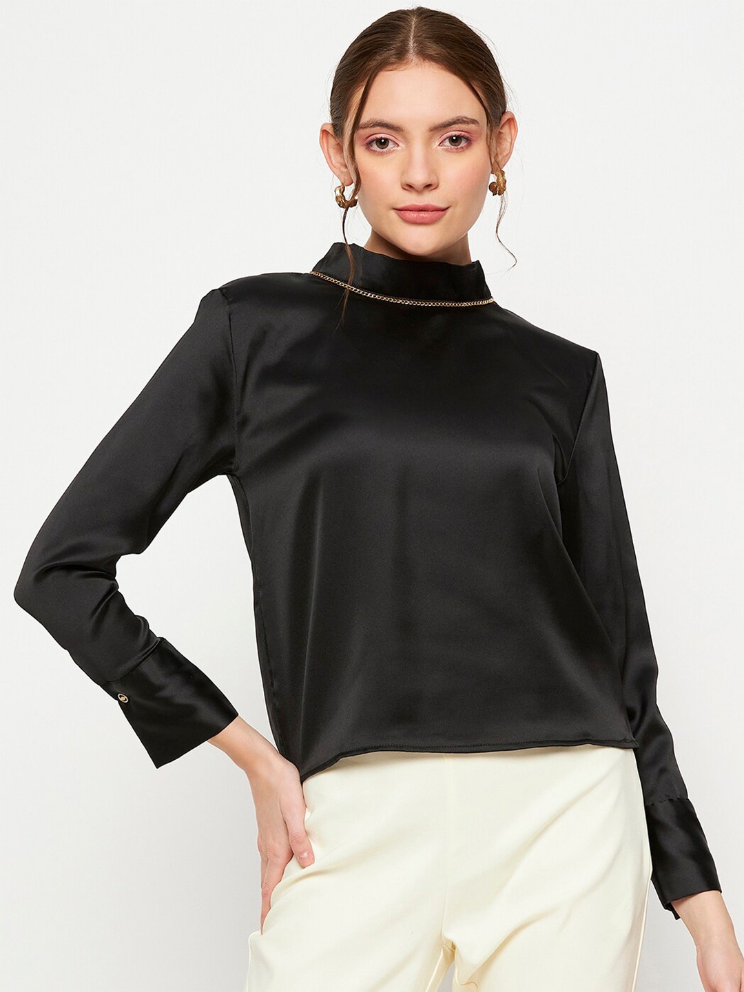 

Madame High Neck Cuffed Sleeves Tie-Up Detailed Top, Black