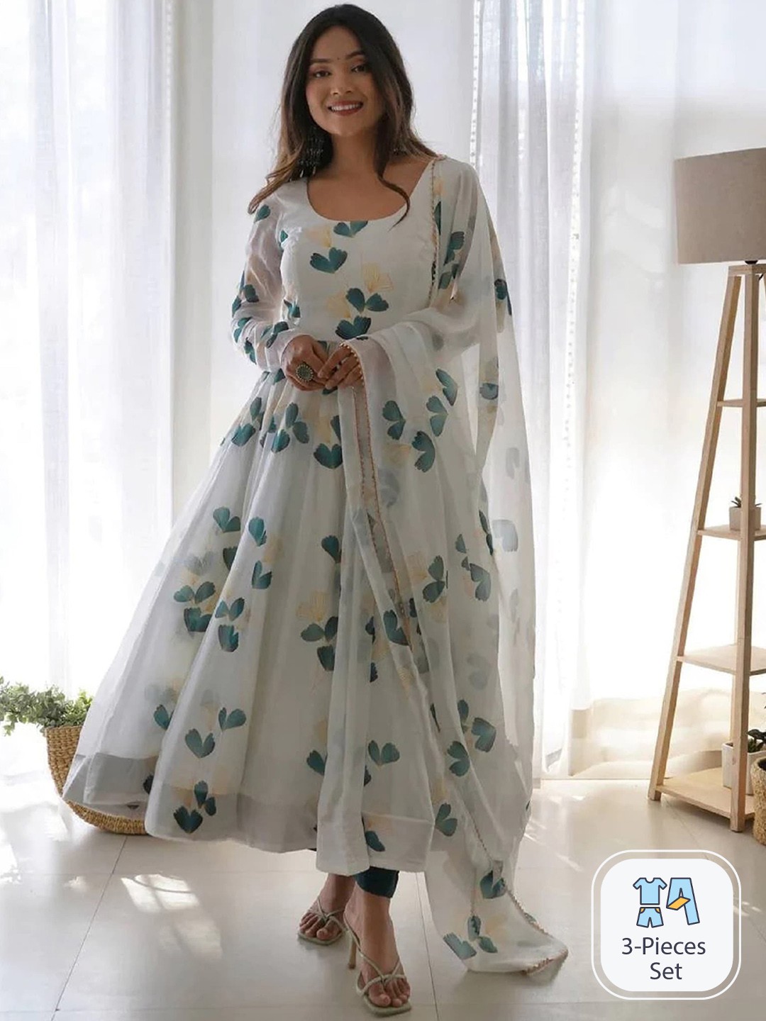 

KALINI Floral Printed Regular Anarkali Kurta & Trousers With Dupatta, White