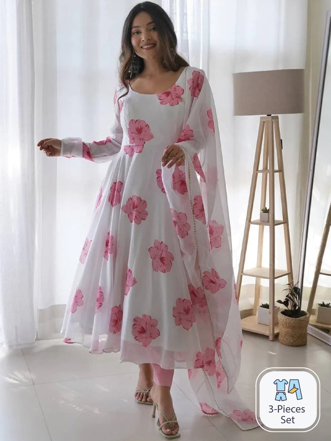 

KALINI Floral Printed Regular Anarkali Kurta & Trousers With Dupatta, White