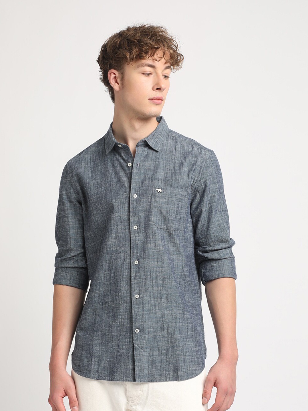 

THE BEAR HOUSE Self Design Slim Fit Cotton Linen Casual Shirt, Blue
