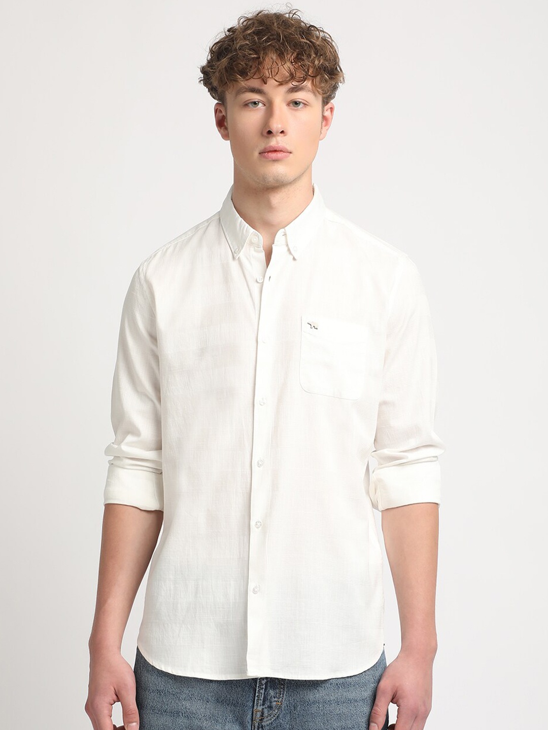 

THE BEAR HOUSE Button-Down Collar Slim Fit Opaque Pure Cotton Casual Shirt, White