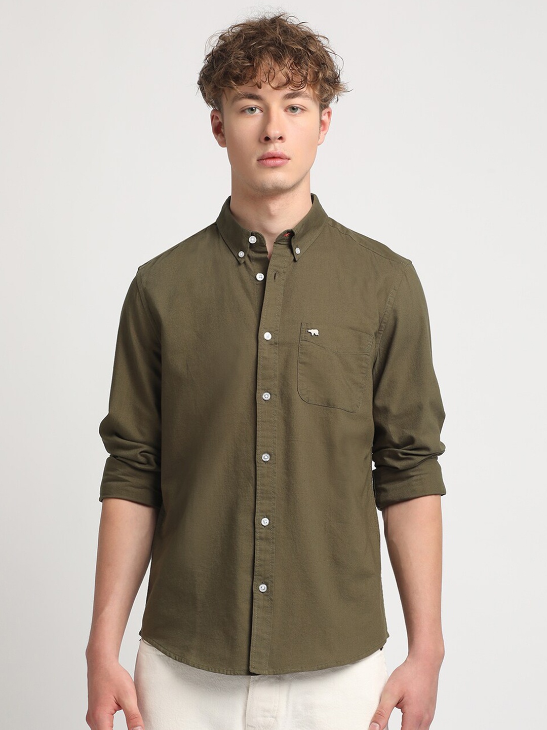 

THE BEAR HOUSE Slim Fit Pure Cotton Casual Shirt, Green