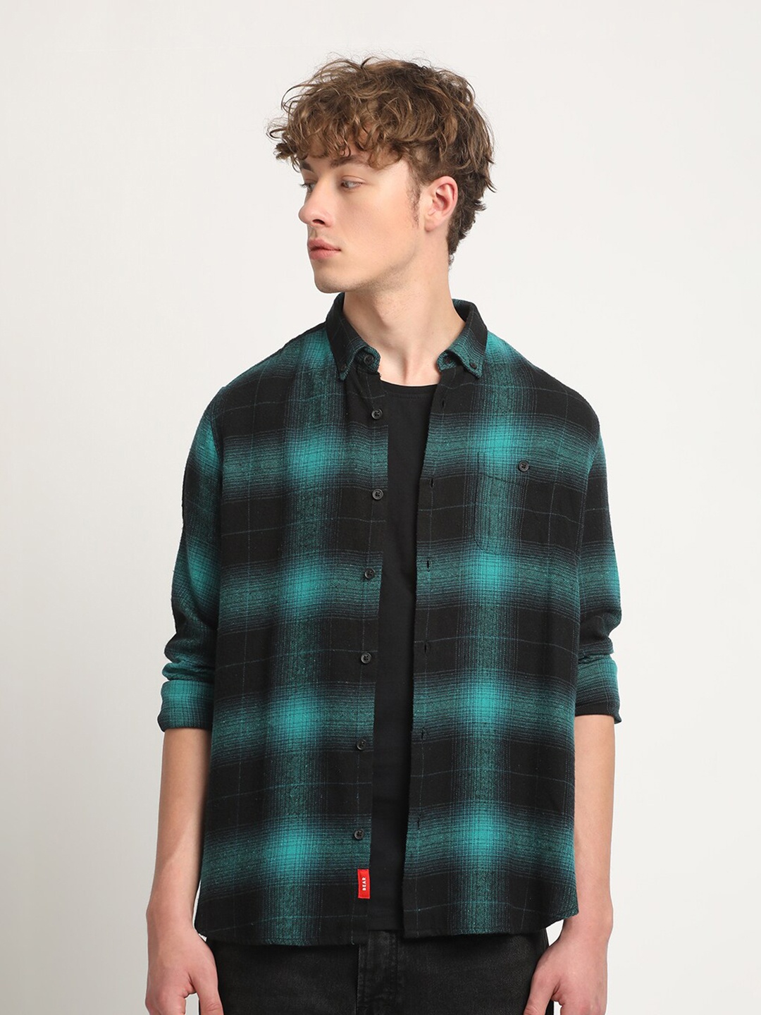 

THE BEAR HOUSE Slim Fit Tartan Checked Pure Cotton Casual Shirt, Teal