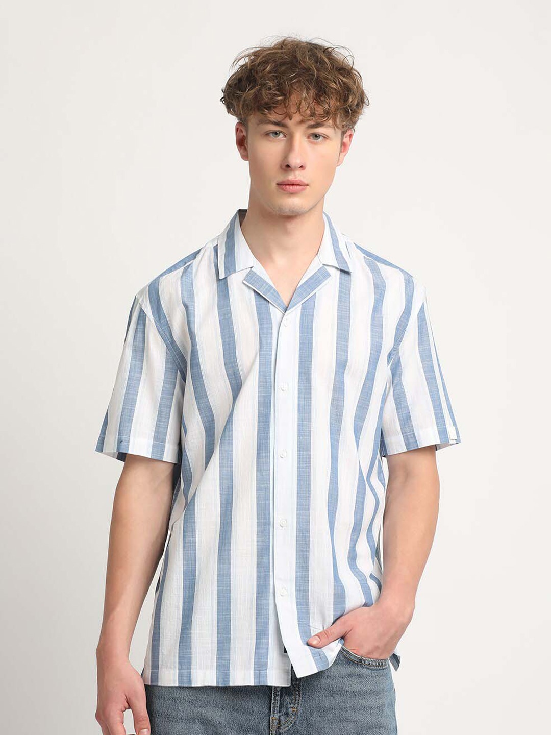 

THE BEAR HOUSE Slim Fit Striped Pure Cotton Casual Shirt, Blue