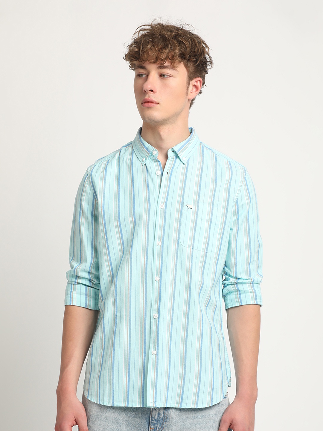 

THE BEAR HOUSE Striped Cotton Chambray Slim Fit Opaque Casual Shirt, Green