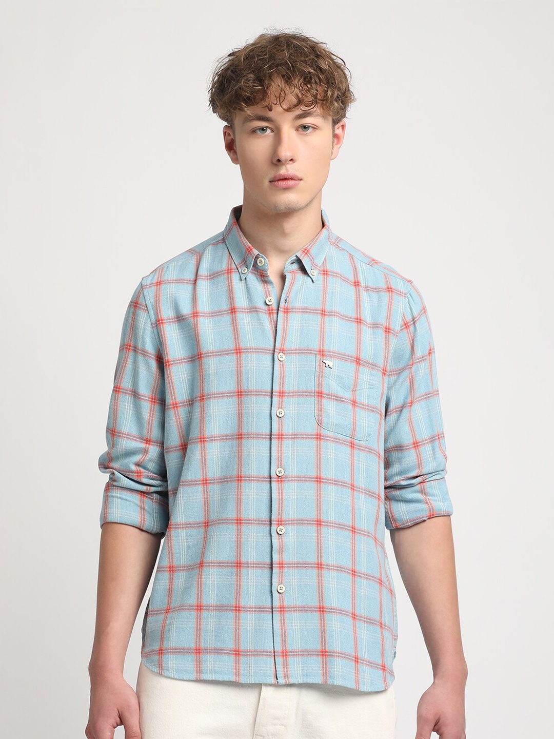

THE BEAR HOUSE Slim Fit Tartan Checked Pure Cotton Casual Shirt, Blue