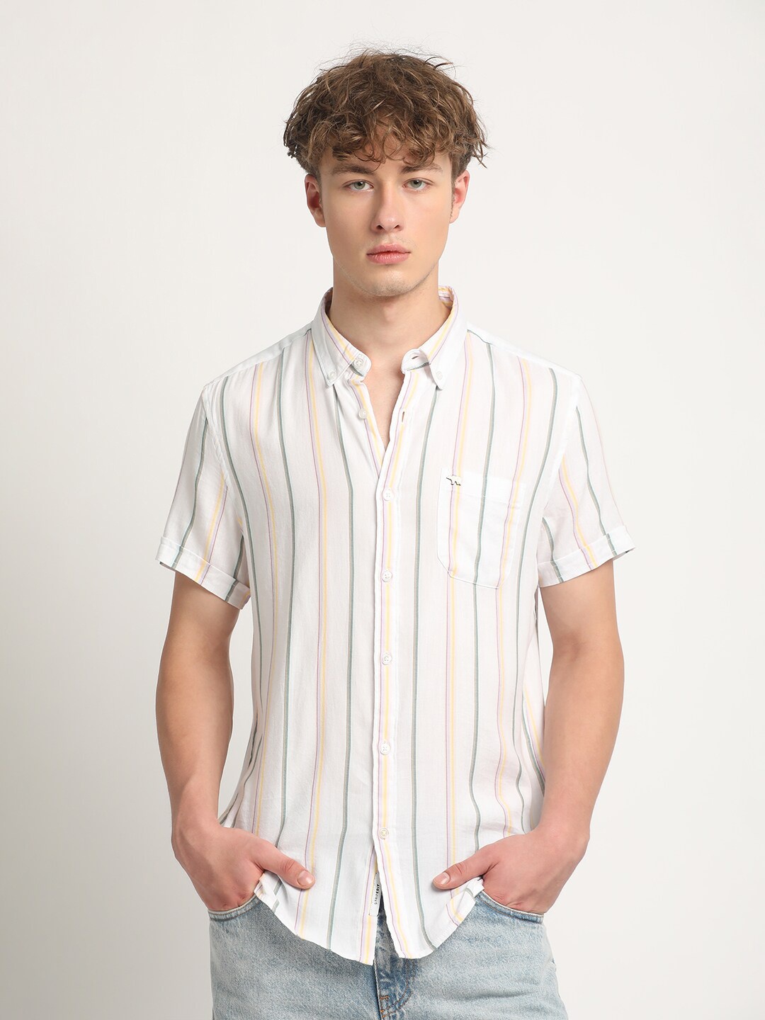 

THE BEAR HOUSE Slim Fit Striped Casual Shirt, Off white