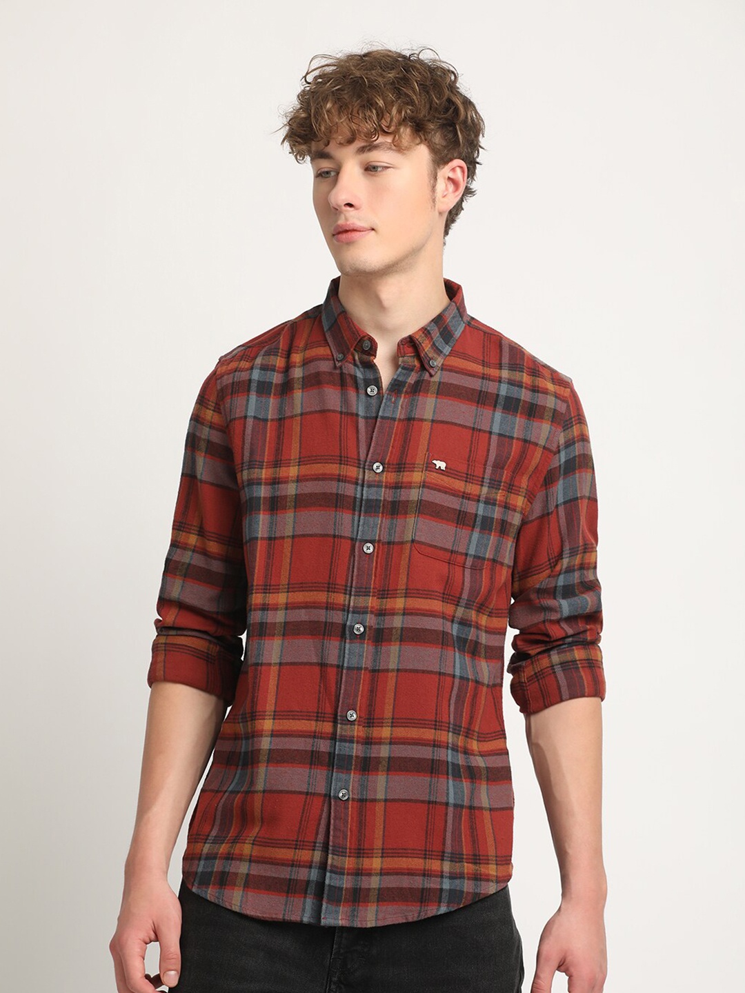 

THE BEAR HOUSE Slim Fit Tartan Checked Flannel Pure Cotton Casual Shirt, Rust