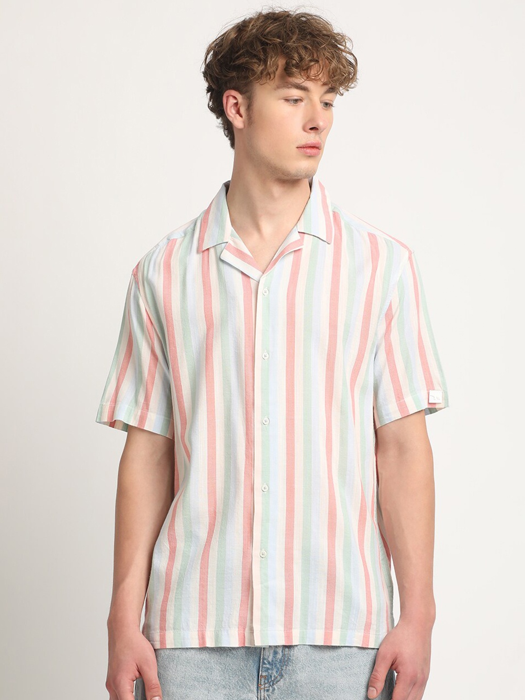 

THE BEAR HOUSE Slim Fit Striped Pure Cotton Casual Shirt, Coral