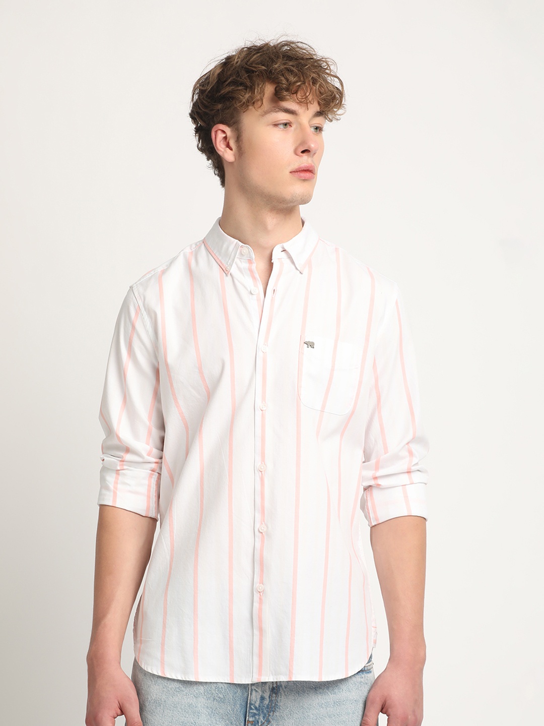 

THE BEAR HOUSE Striped Cotton Slim Fit Opaque Casual Shirt, White