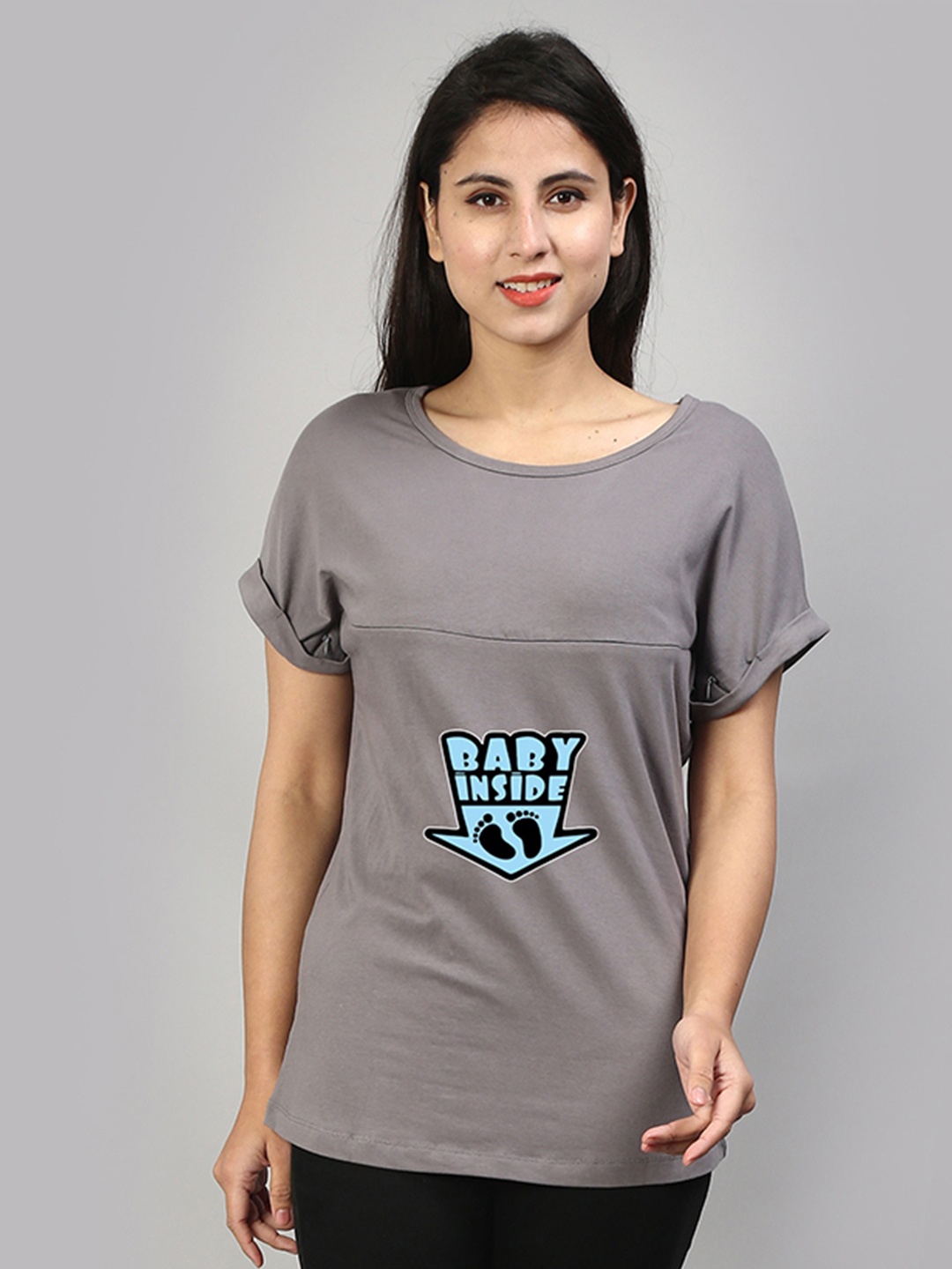 

SillyBoom Round Neck Printed Maternity & Feeding T-shirt, Grey