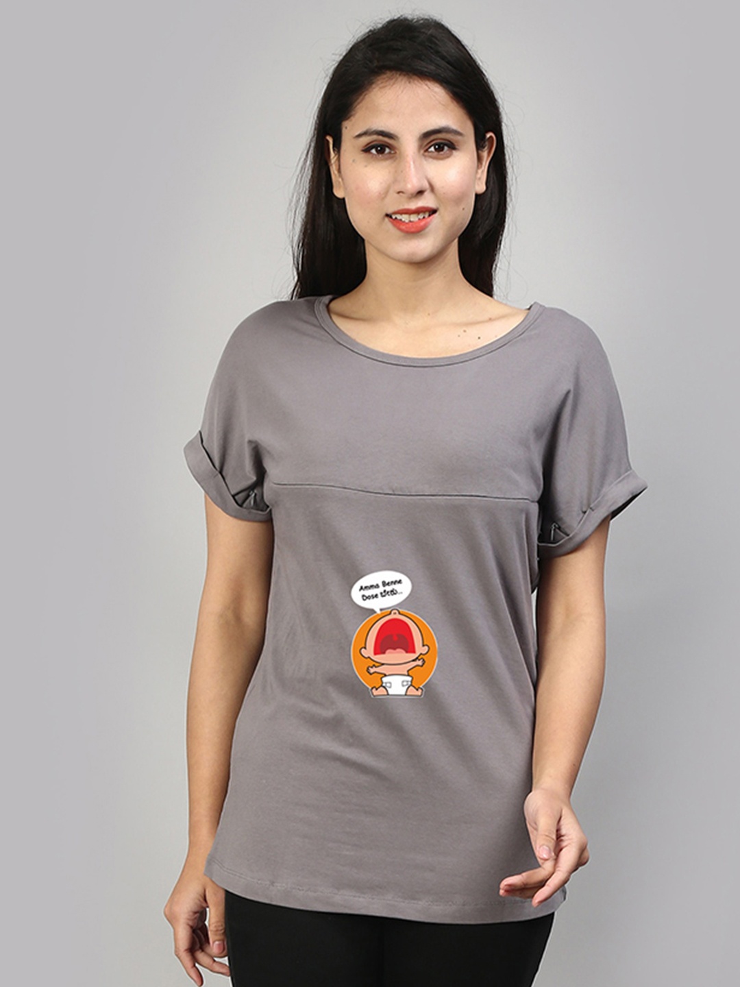 

SillyBoom Round Neck Printed Maternity & Feeding T-shirt, Grey
