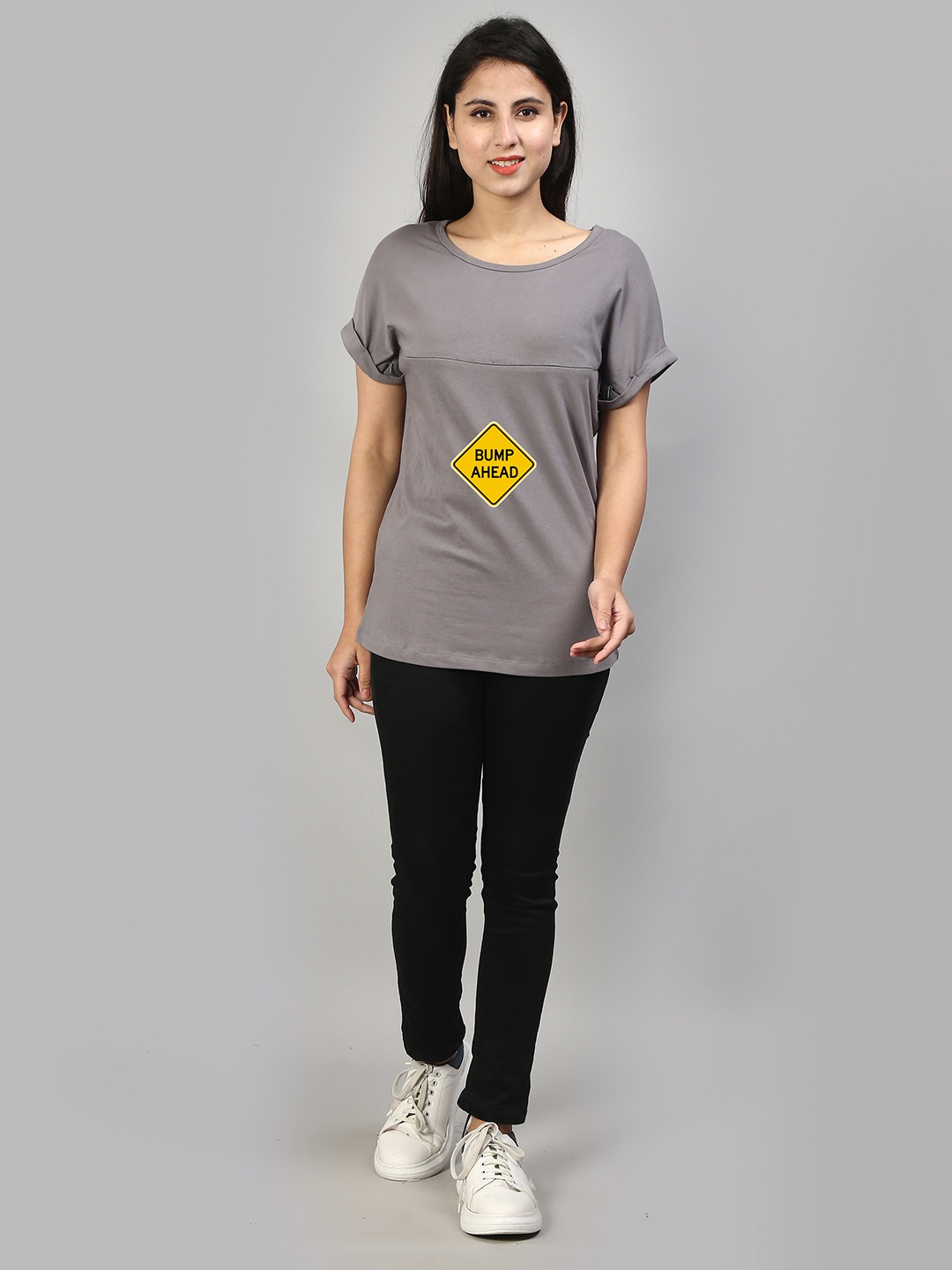 

SillyBoom Typography Printed Extended Sleeves Maternity Feeding T-shirt, Grey