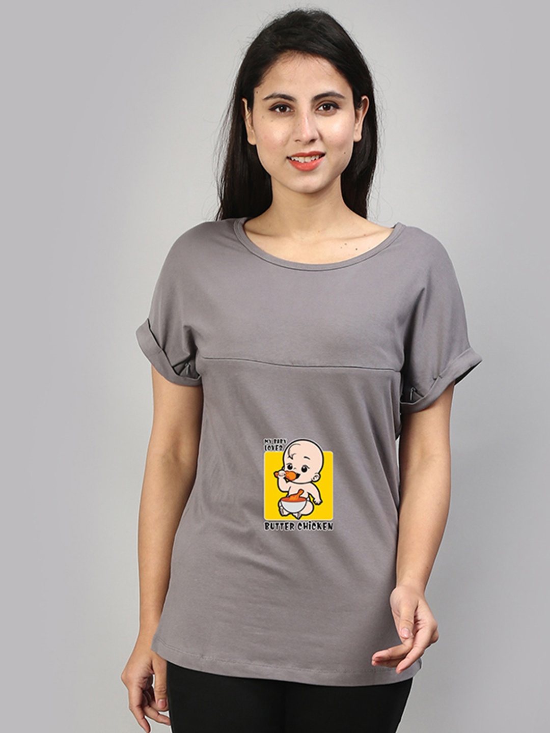 

SillyBoom Round Neck Printed Maternity & Feeding T-shirt, Grey