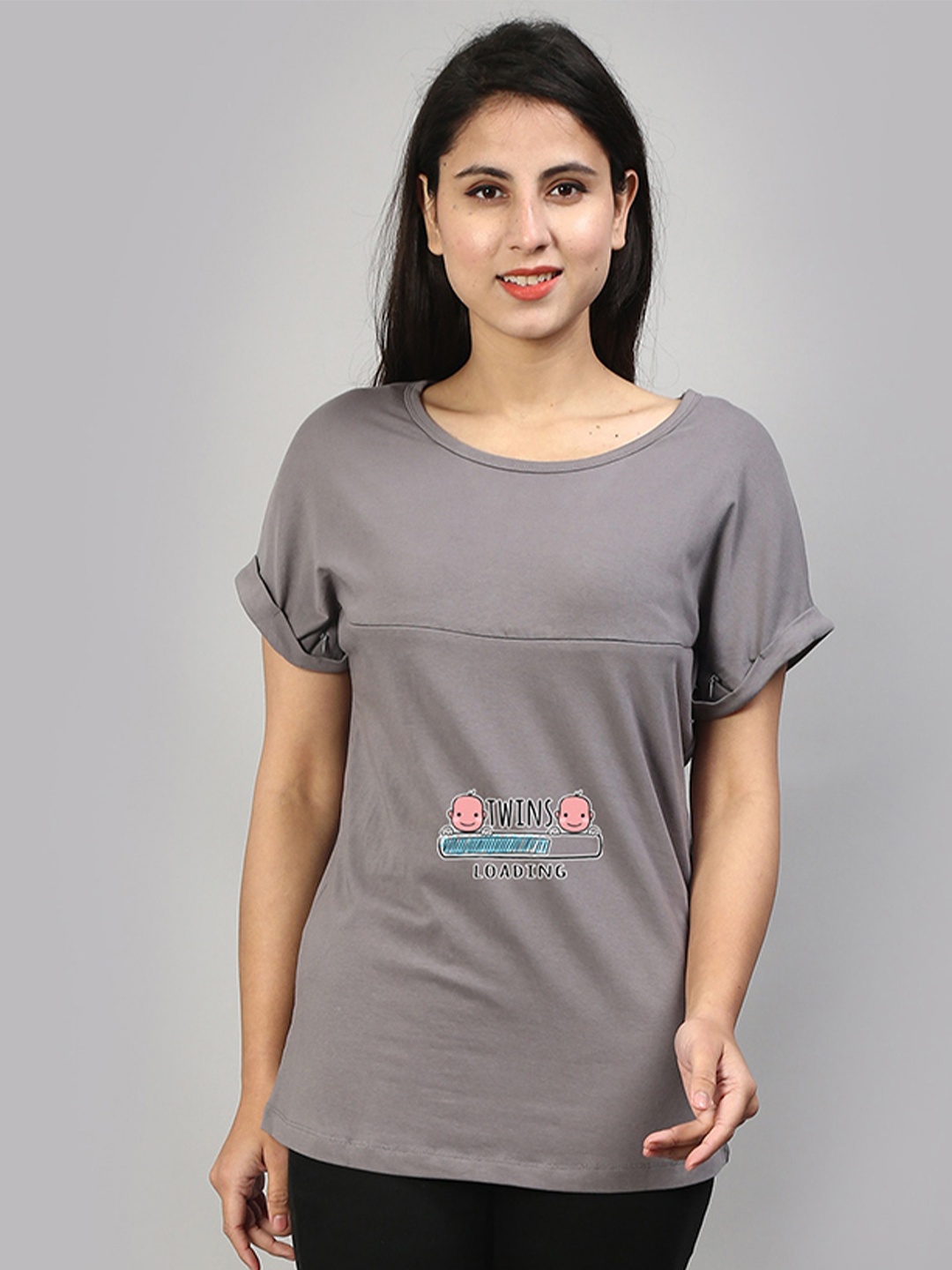 

SillyBoom Round Neck Printed Maternity & Feeding T-shirt, Grey