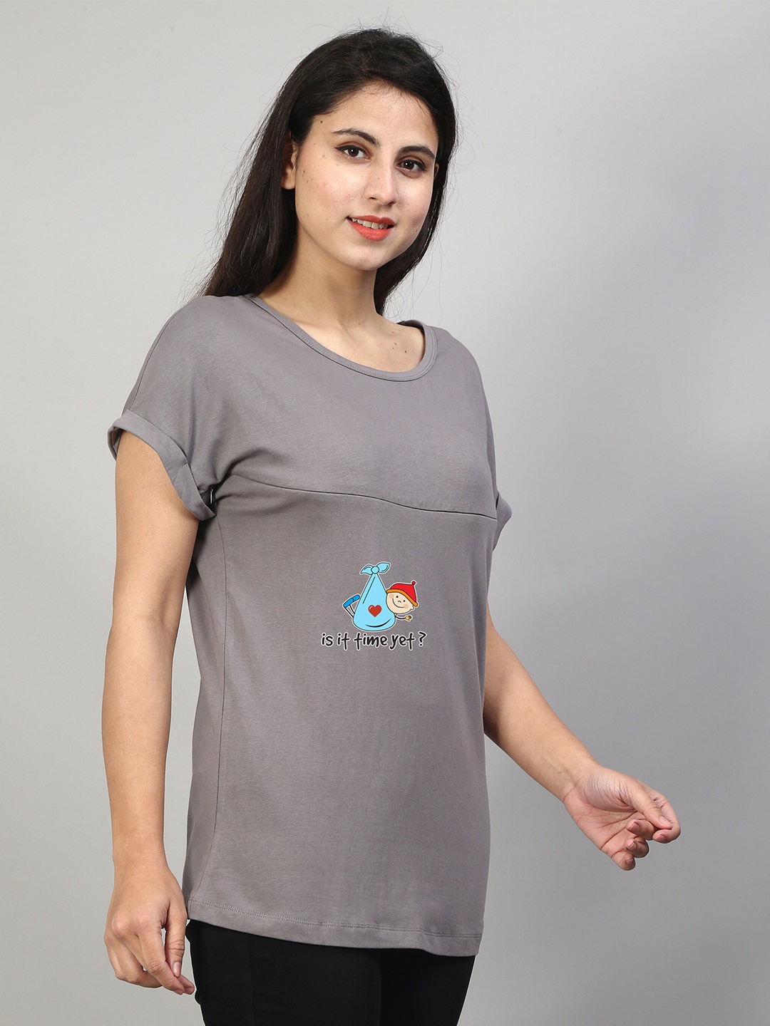 

SillyBoom Graphic Printed Extended Sleeves Cotton Lycra Maternity Feeding T-shirt, Grey