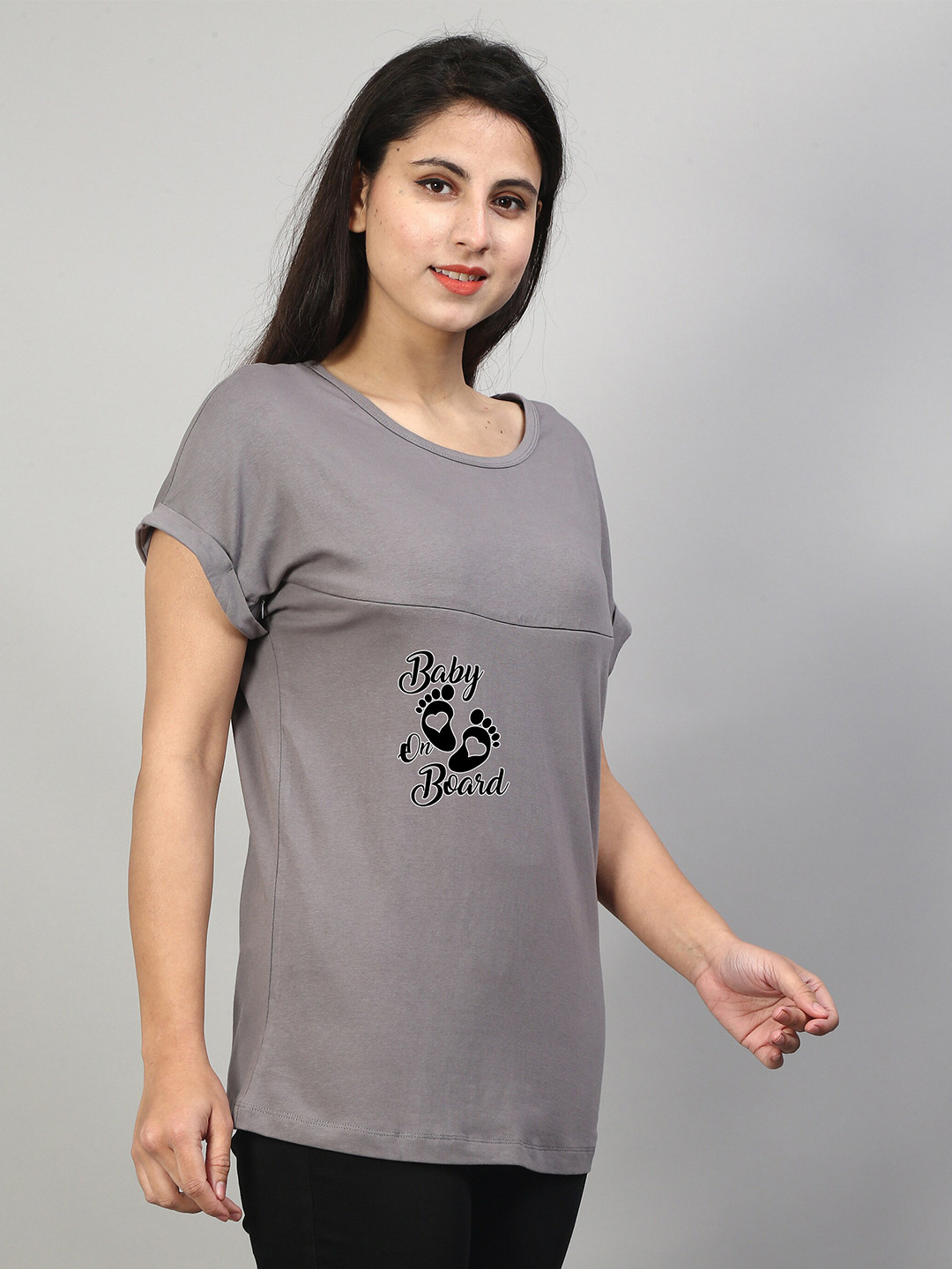 

SillyBoom Graphic Printed Extended Sleeves Maternity T-shirt, Grey