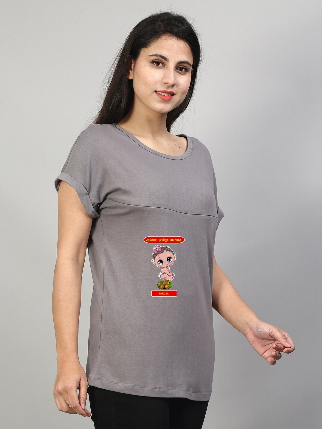

SillyBoom Graphic Printed Extended Sleeves Maternity T-shirt, Grey