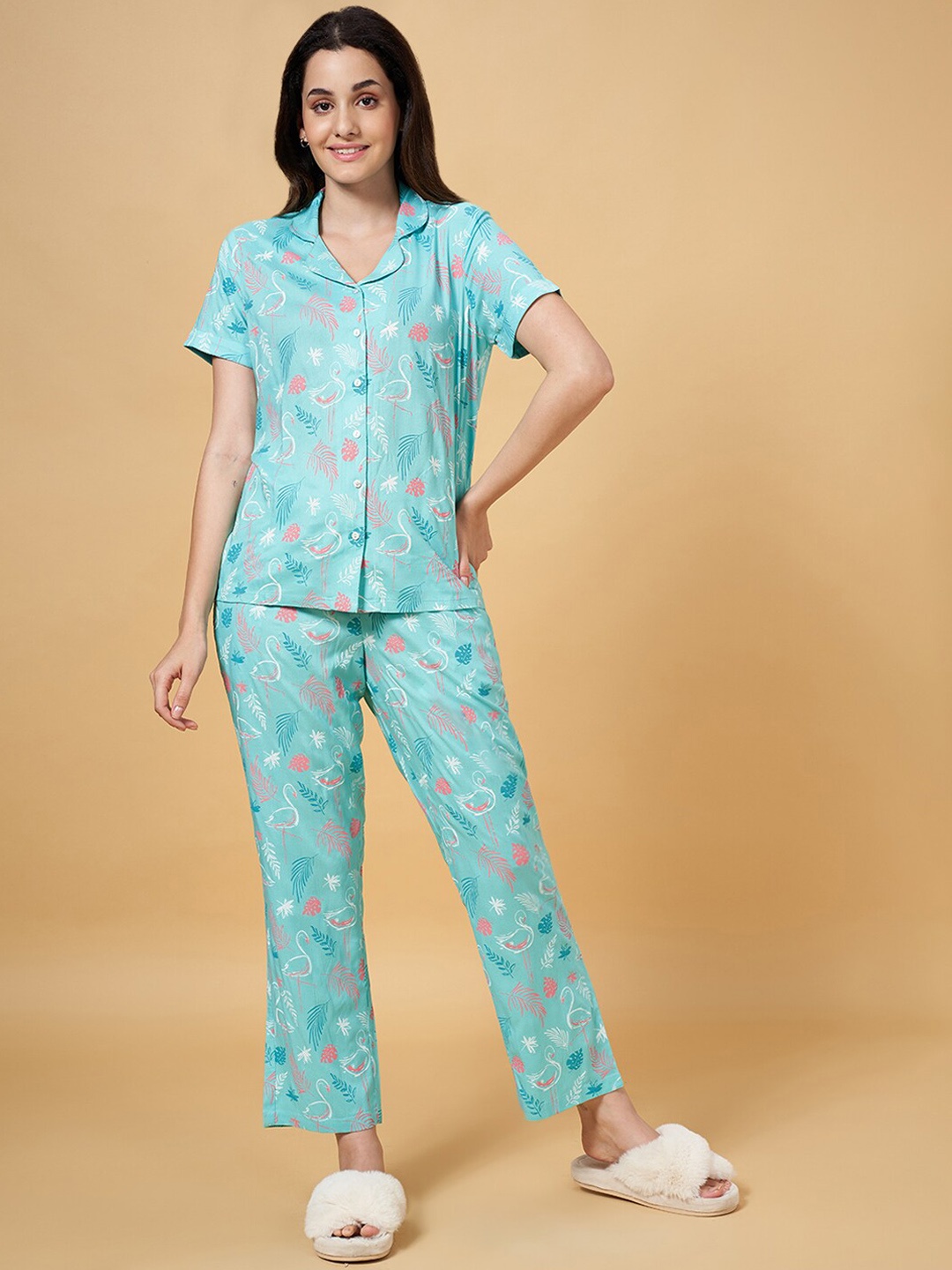 

Dreamz by Pantaloons Floral Printed Shirt With Pyjama, Blue