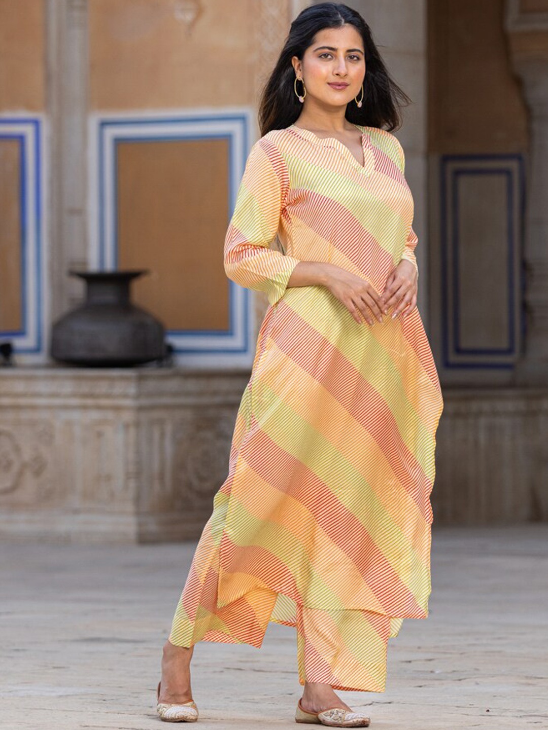 

Ambraee Striped Straight Kurta with Palazzos, Yellow