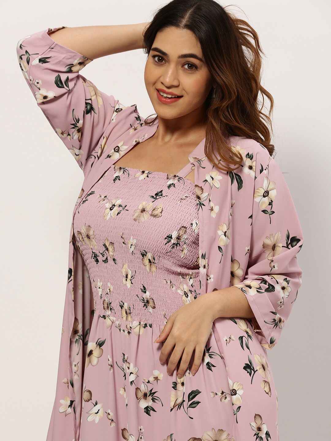 

SHOWOFF Plus Women Plus Size Floral Printed Smocked Basic Jumpsuit With Shrug, Pink