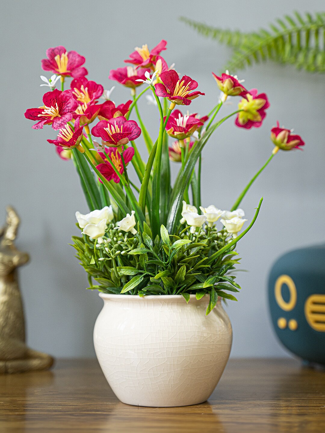 

MARKET99 Red & Cream Colored Artificial Flowers With Pot