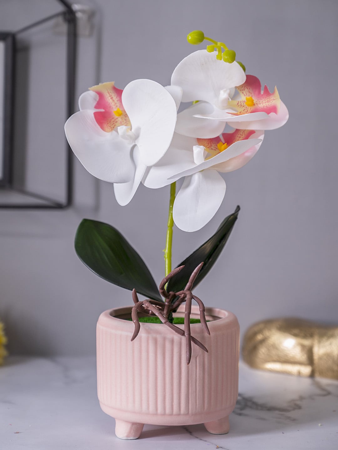 

MARKET99 White & Pink Faux Orchid Flower With Ceramic Pot