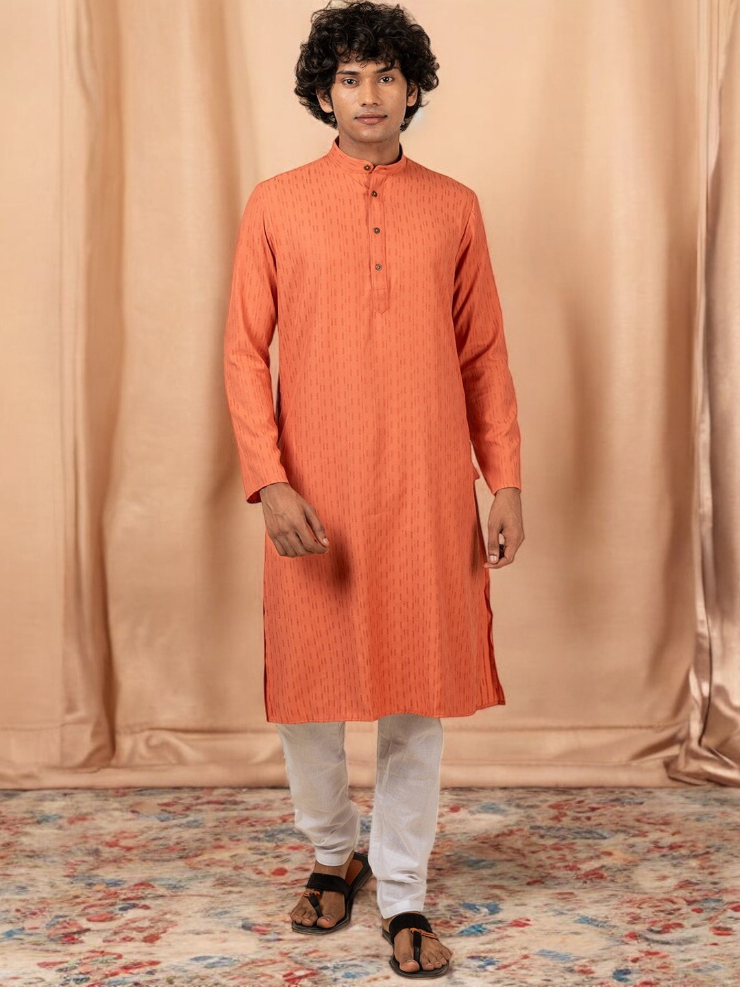 

TATTVA Woven Design Mandarin Collar Pure Cotton Straight Kurta with Pyjama, Orange