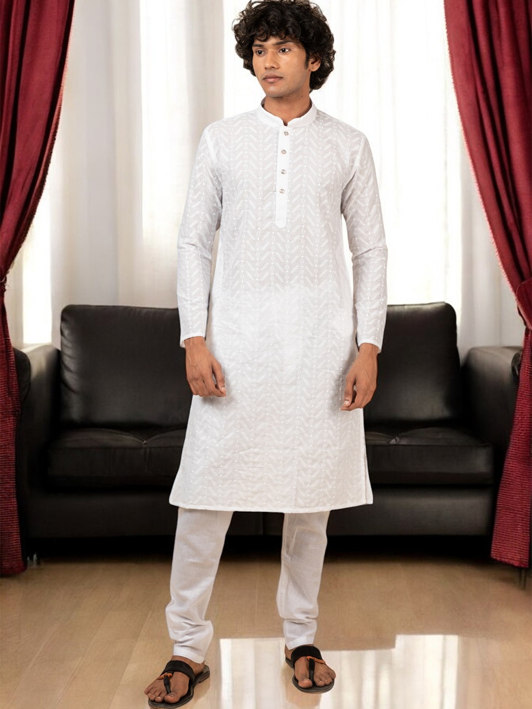 

TATTVA Ethnic Motifs Embroidered Pure Cotton Straight Kurta with Pyjamas, White