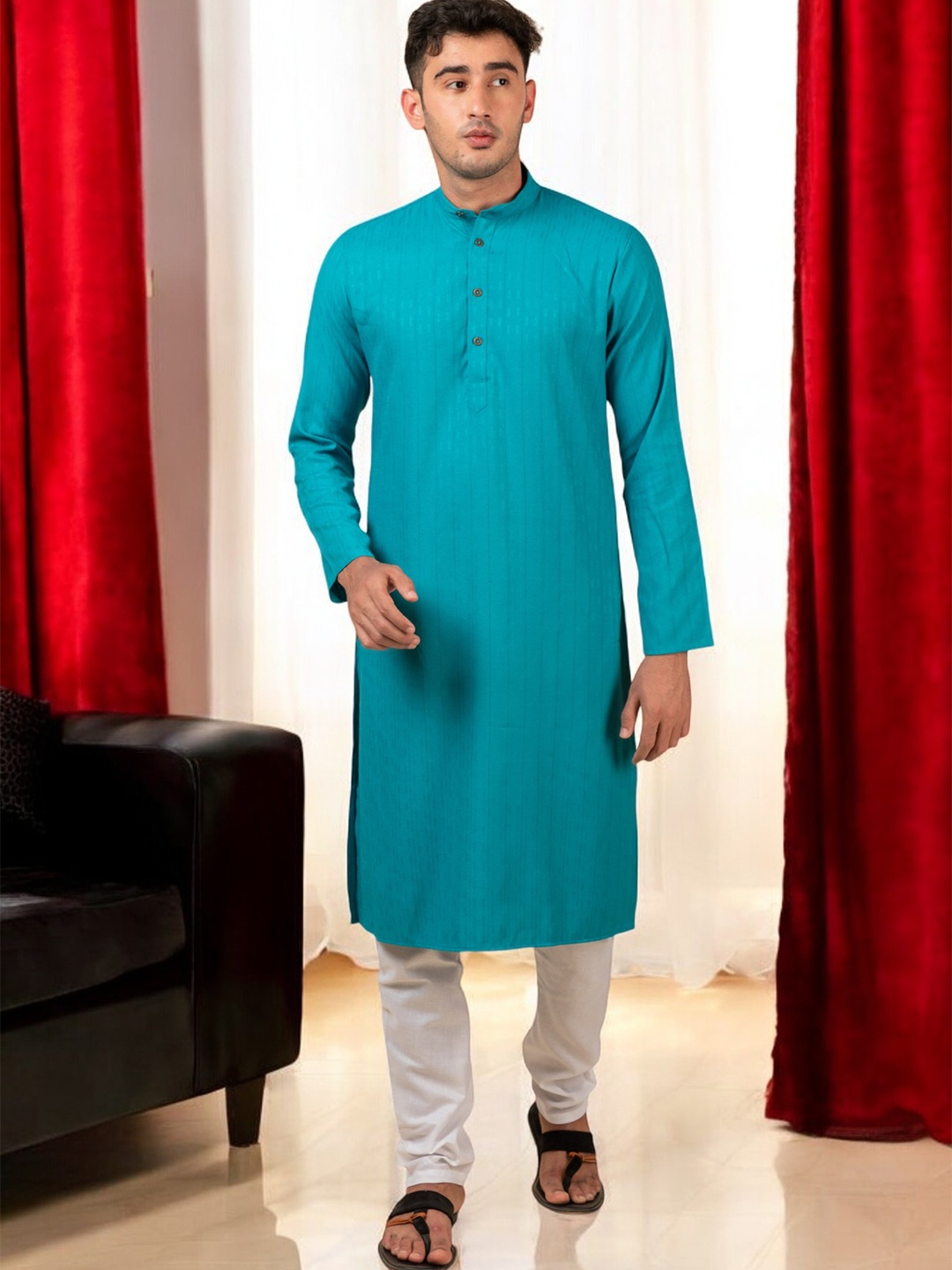 

TATTVA Woven Design Mandarin Collar Pure Cotton Straight Kurta with Churidar, Blue