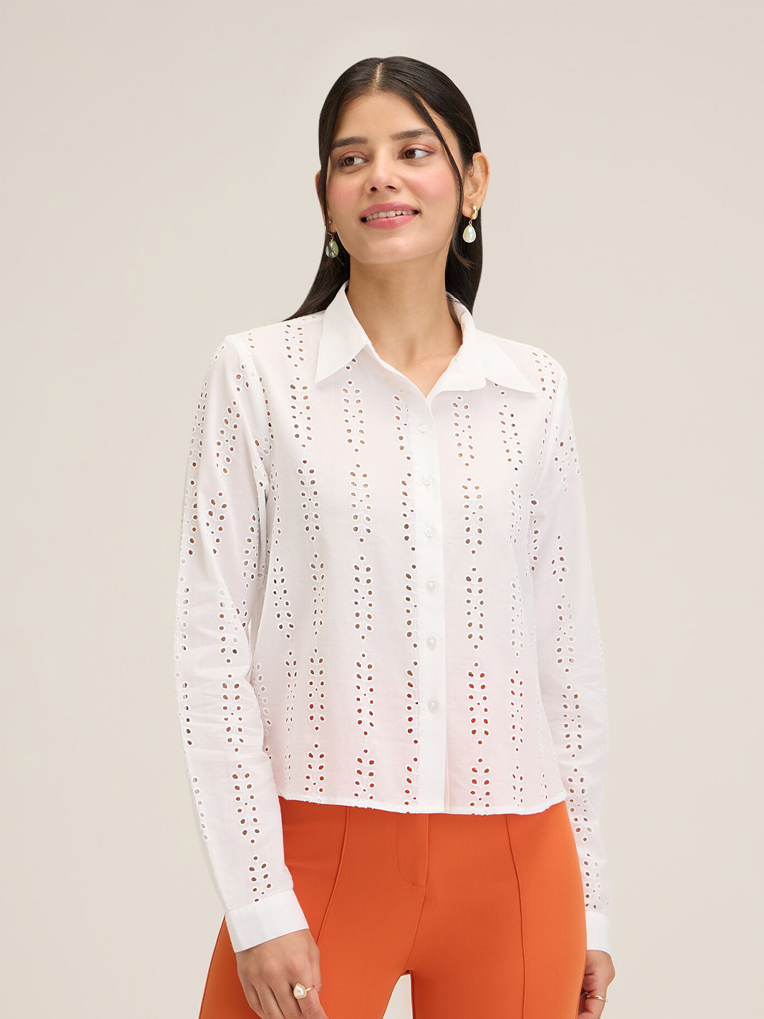 

20Dresses Schiffli Self Design Spread Collar Casual Pure Cotton Shirt, White