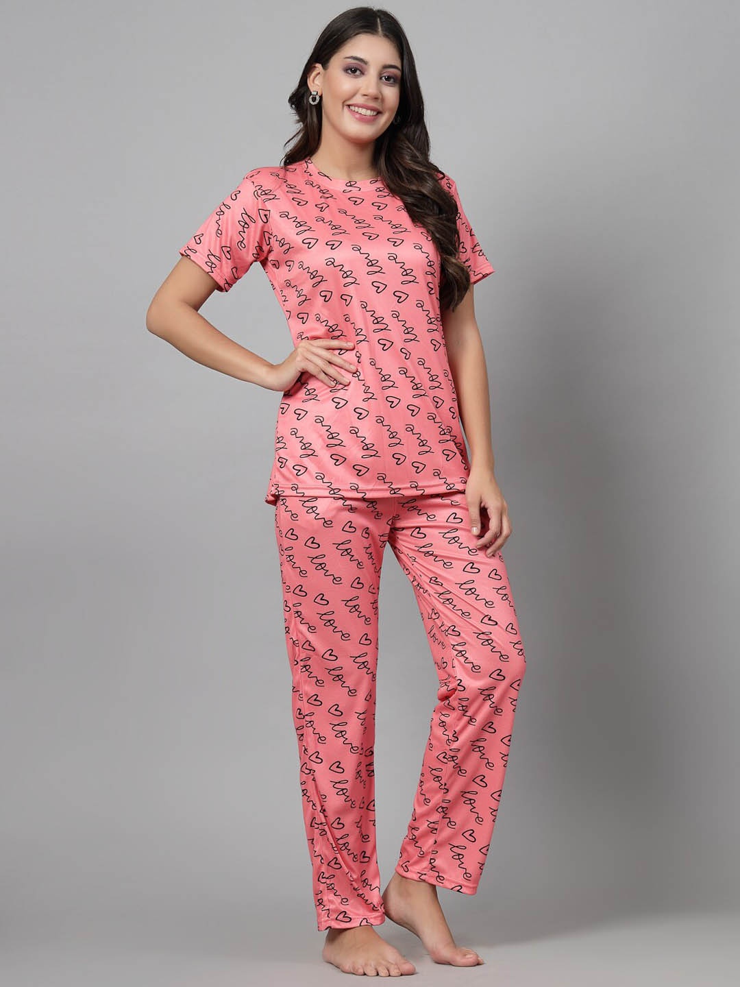 

KALINI Graphic Printed Pure Cotton T-Shirt With Pyjama, Peach