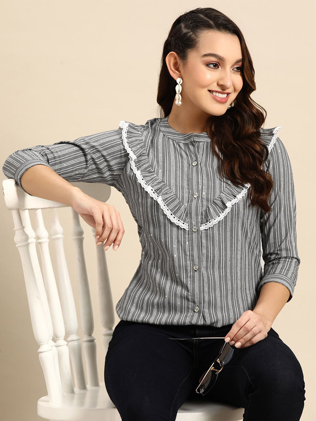 

ODETTE Striped Band Collar Lace Detail Ruffled Shirt Style Top, Grey