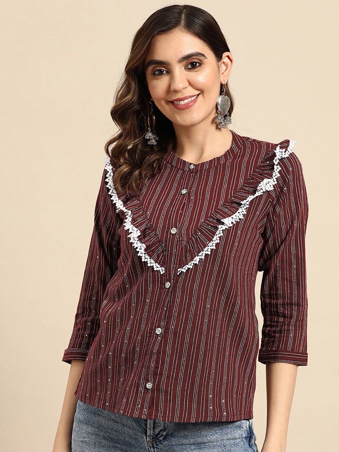 

ODETTE Striped Band Collar Lace Detail Ruffled Shirt Style Top, Maroon