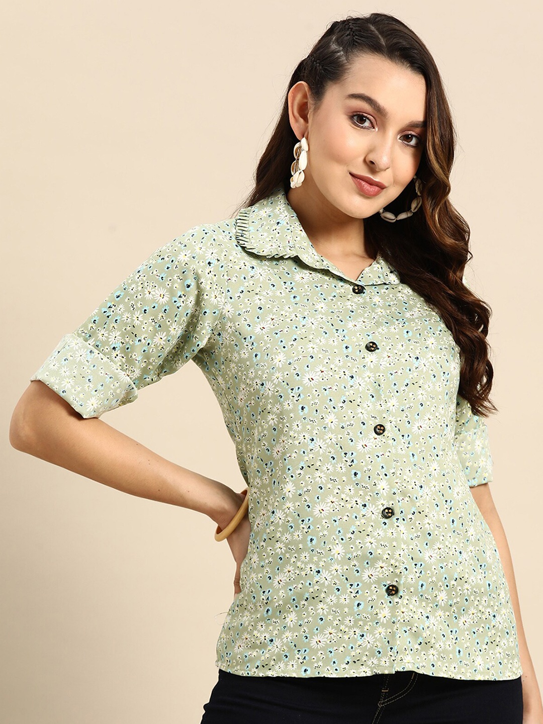 

ODETTE Floral Printed Shirt Type Top, Green