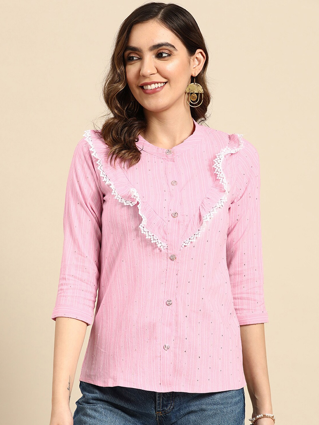

ODETTE Vertical Striped Band Collar Ruffles Detailed Shirt Style Top, Pink