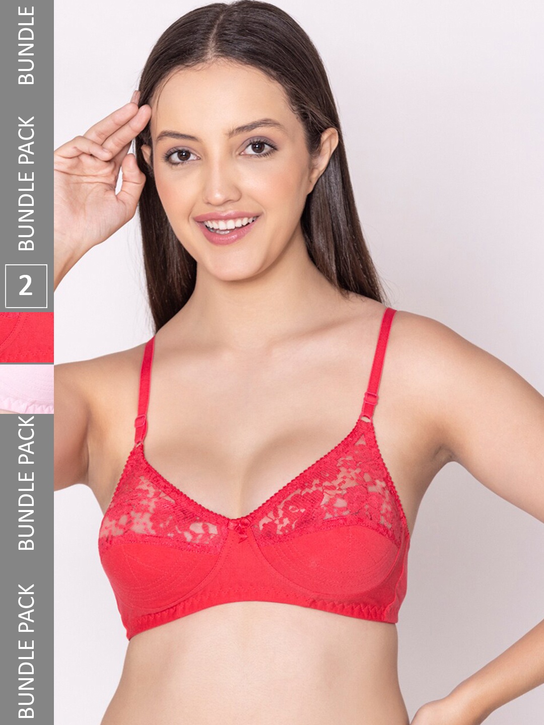 

Bodycare Pack Of 2 Medium Coverage Cotton Lace Bra With All Day Comfort, Pink