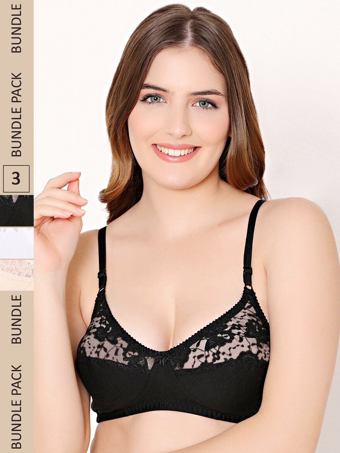 

Bodycare Pack Of 3 Floral Lace Half Coverage Non-Padded Everyday Bra With All Day Comfort, Black