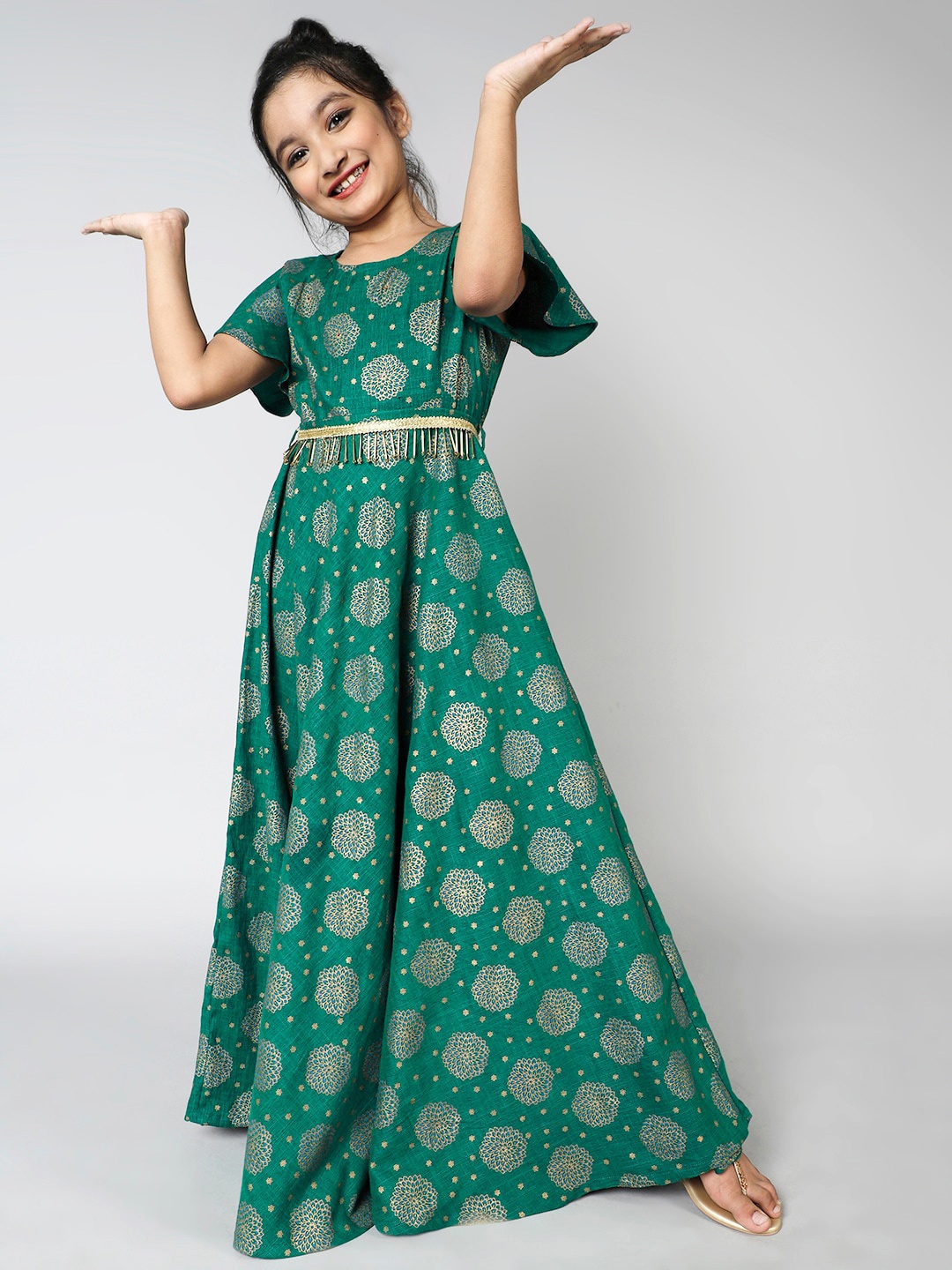 

Aks Kids Girls Floral Printed Maxi Ethnic Dress With Belt, Green