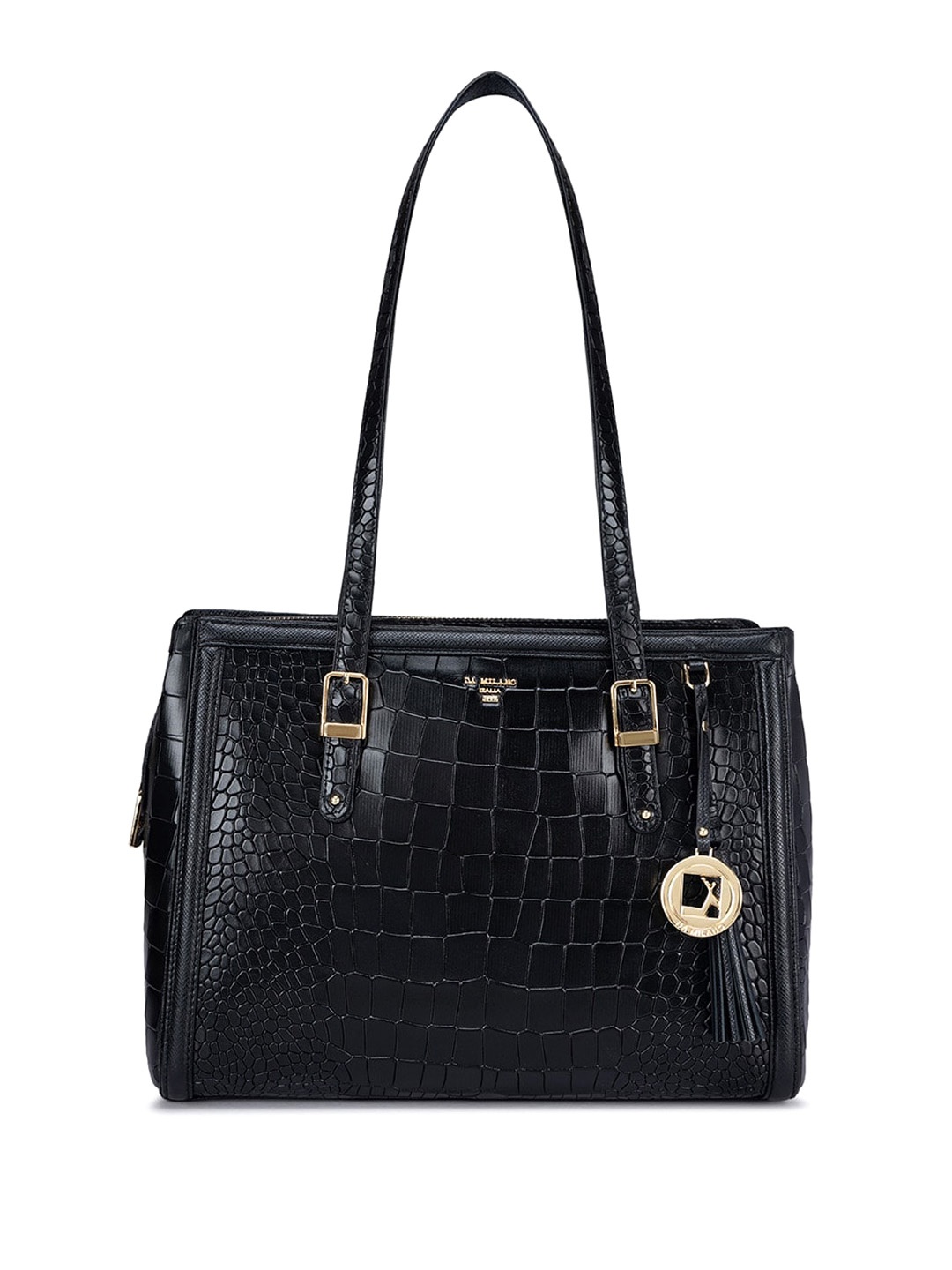 

Da Milano Animal Textured Structured Leather Shoulder Bag With Buckle Details, Black