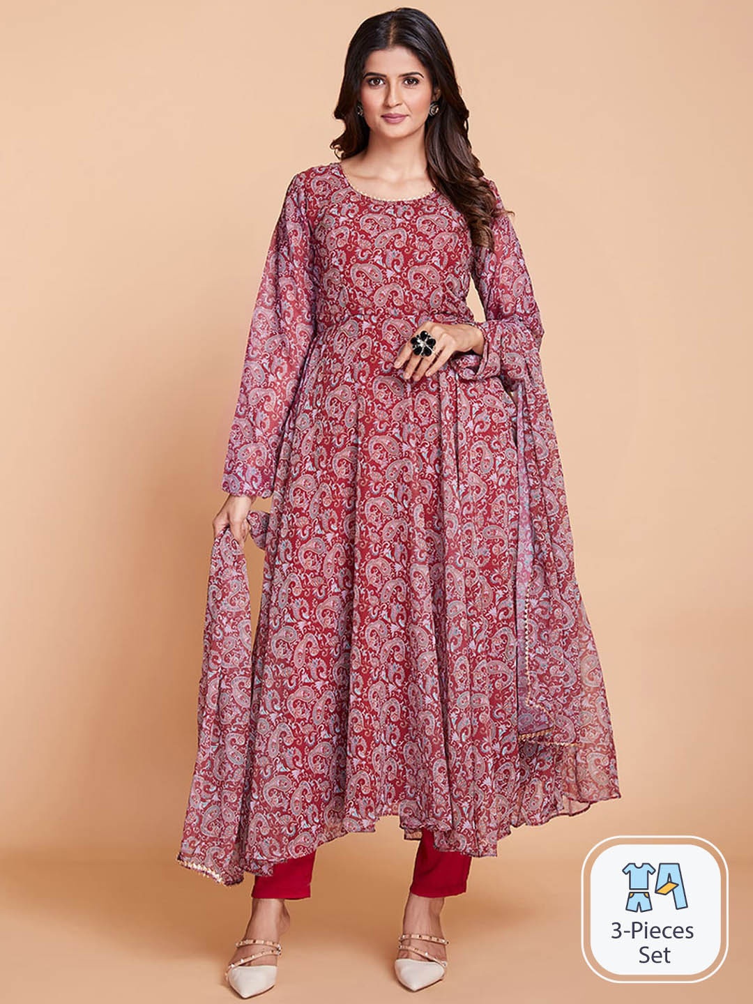 

ODETTE Paisley Printed Kurta & Trousers With Dupatta, Maroon