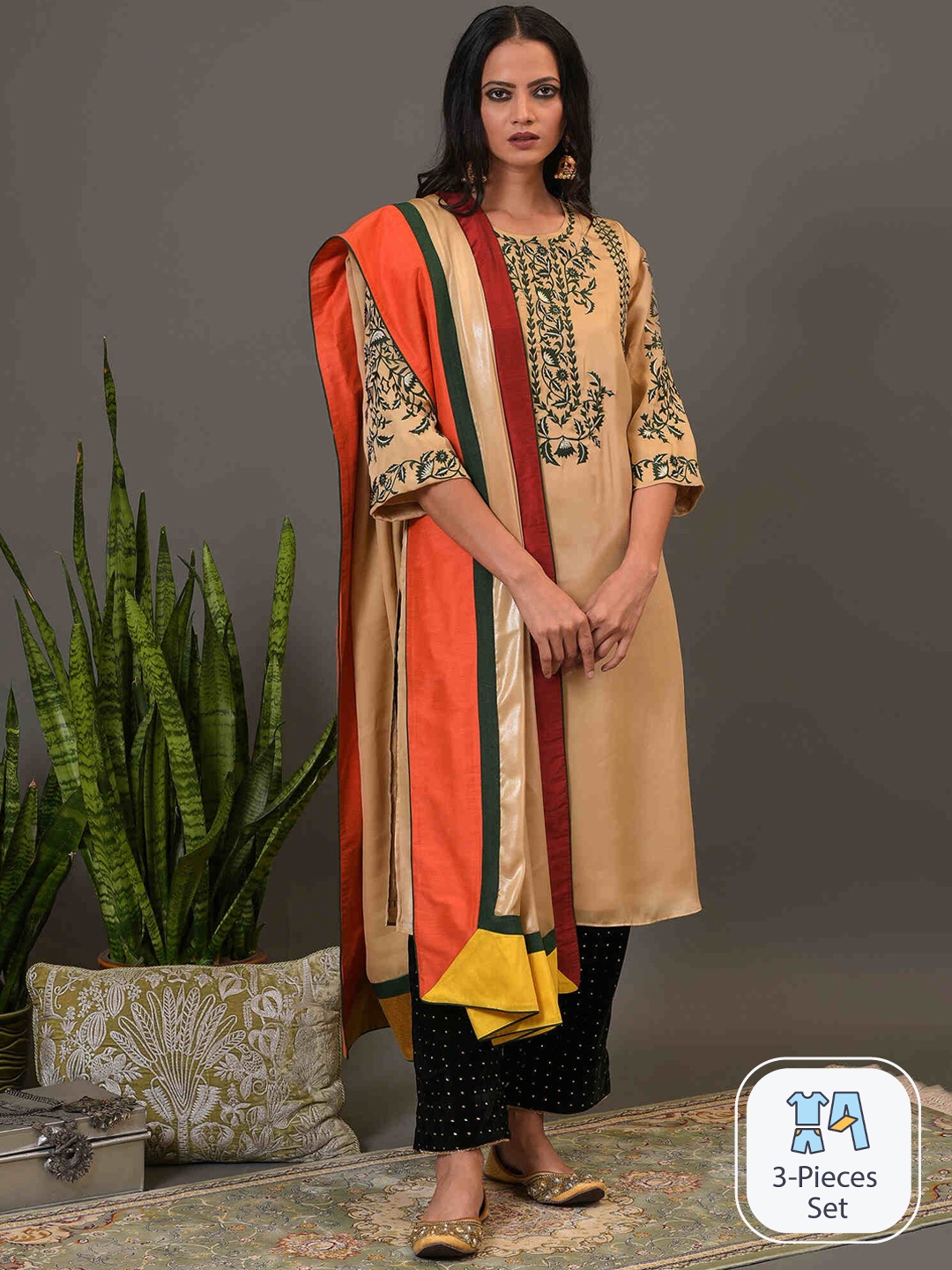 

NUHH Floral Printed Georgette Kurta With Trousers & Dupatta, Beige