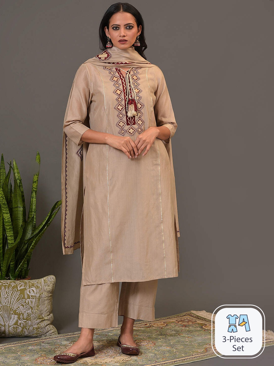 

NUHH Geometric Embroidered Thread Work Kurta With Trousers & Dupatta, Beige