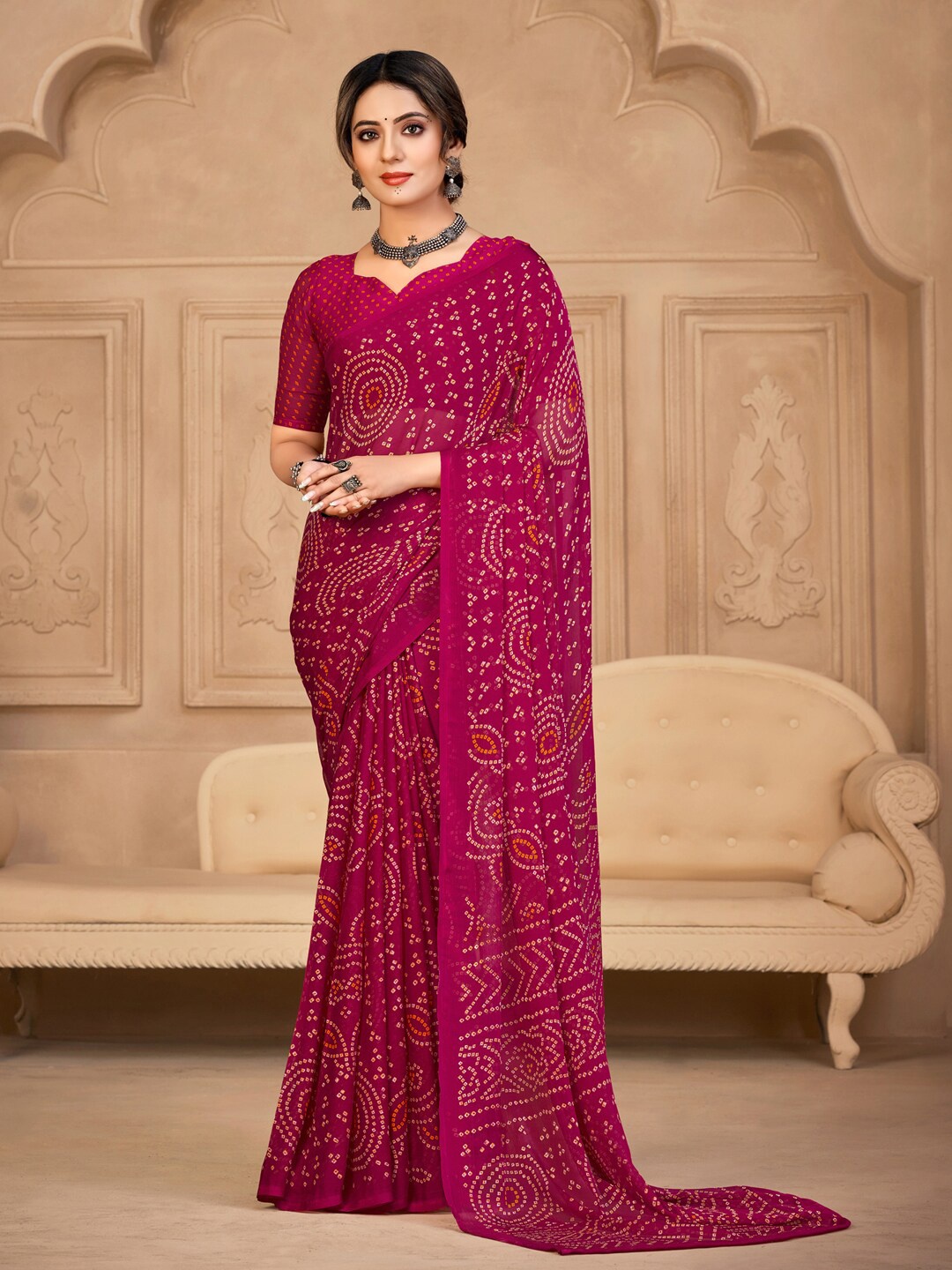 

Anouk Rustic Bandhani Printed Pure Chiffon Saree, Pink
